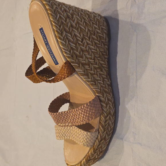 Stuart Weitzman Elsie Espadrille Wedge Ankle Wrap Sandal Beige Platform High 9.5 - Picture 4 of 13